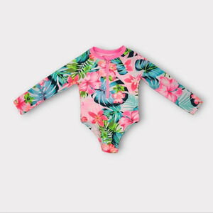 Wonder Nation Tropical Floral Coral Aqua One-Piece Rash Guard Swimsuit Size 18m